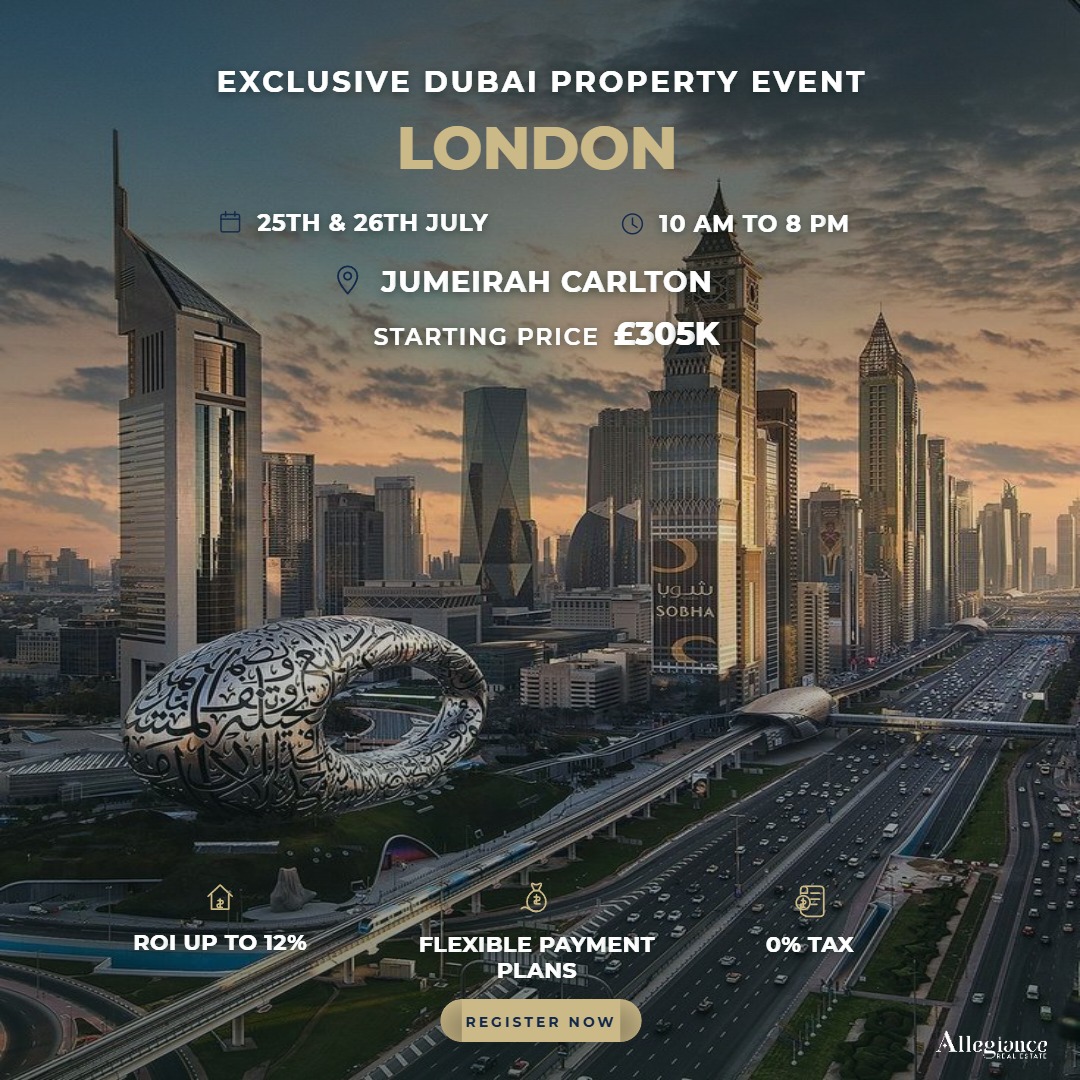 London Dubai property event creative featuring Dubai Museum of the Future and investment benefits