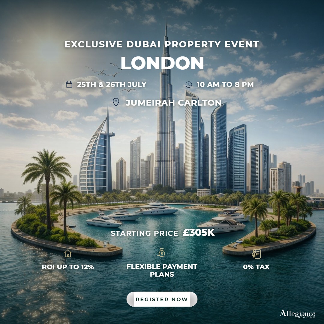London Dubai property event creative featuring a Dubai waterfront skyline and investor offer